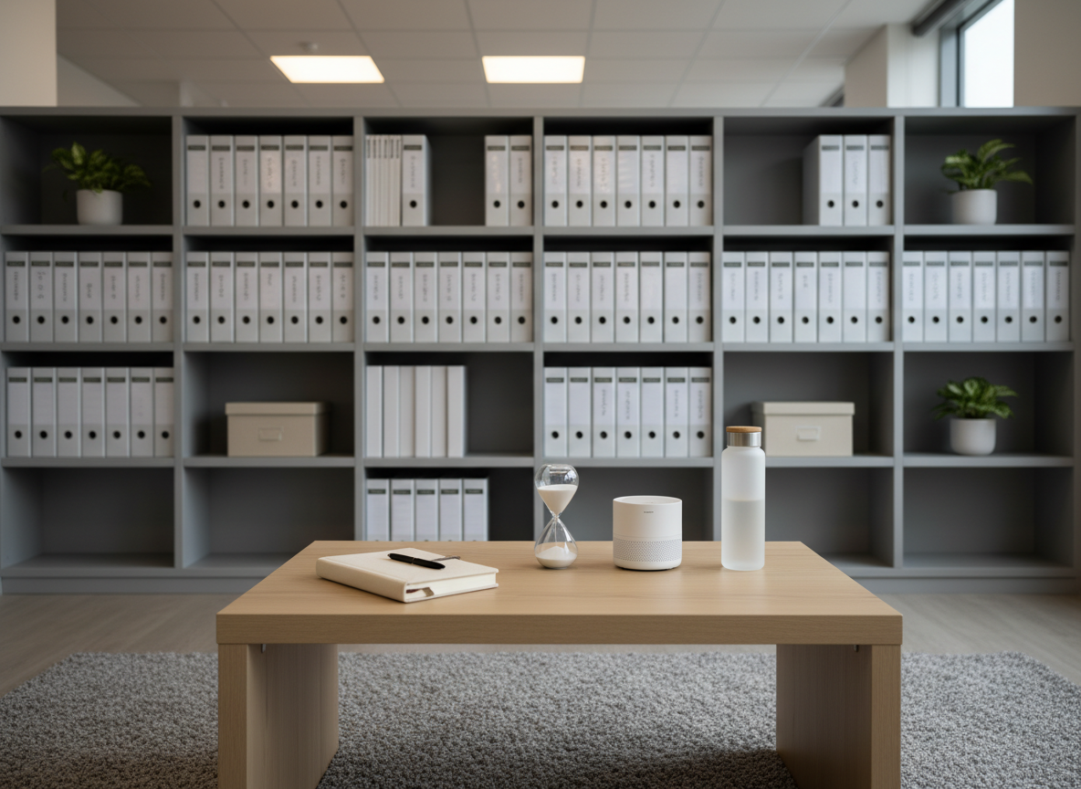 A calm lifestyle guidance area with a low, rectangular light-wood coffee table positioned on a soft grey rug, holding a neatly arranged selection of wellness tools: a simple analog sleep tracker journal, a slim sand hourglass, a small white noise machine, and a frosted-glass water bottle. In the background, built-in shelving in muted grey displays orderly rows of health education binders, neutral-toned boxes, and a few subtle green plants. Soft, indirect ceiling lighting combines with diffused daylight from an unseen window, creating a balanced, shadow-softened ambiance. Shot at eye level with an asymmetrical but balanced composition and medium depth of field, the image conveys a structured yet soothing environment that supports practical, sustainable lifestyle changes in a clean, corporate, photographic style.