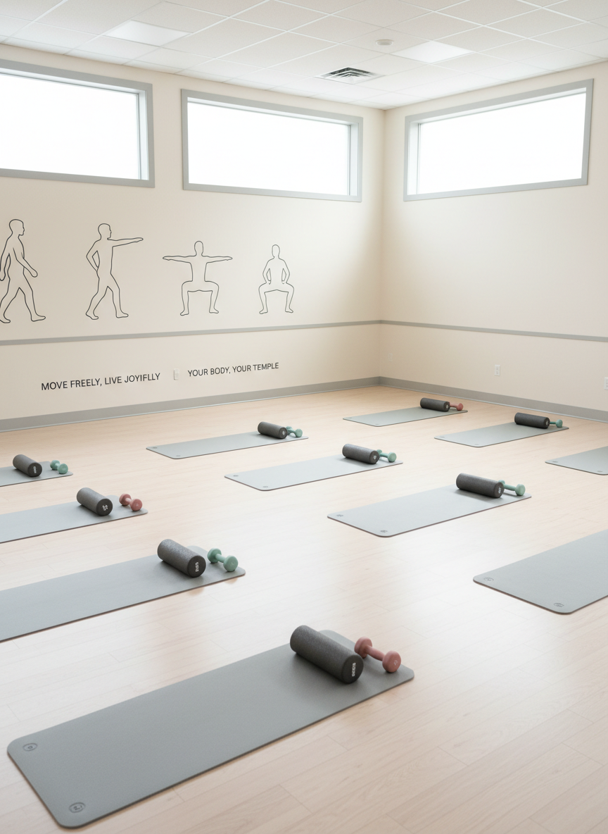 An airy exercise studio with a row of neatly aligned light-grey fitness mats on a smooth, pale wooden floor, each paired with a small foam roller and a set of low-weight dumbbells in muted tones. At the front, a large wall graphic illustrates simple, everyday movements like walking, stretching, and squatting, rendered in understated line-art style. Soft overcast daylight enters through high, frosted windows, creating a uniform, shadow-free lighting that highlights the clean lines of the room. The walls are a calm off-white, accented with subtle grey trim and minimal signage about safe, fun exercise. Shot from a wide, slightly elevated angle with sharp focus throughout, the composition feels spacious and inviting, evoking a non-intimidating, accessible approach to movement in a modern photographic style.